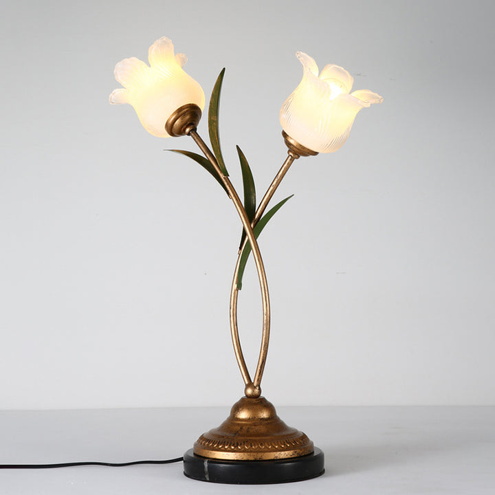 Lámpara de mesa contemporánea creativa de hierro con forma de flor de vidrio de 2 luces para dormitorio 