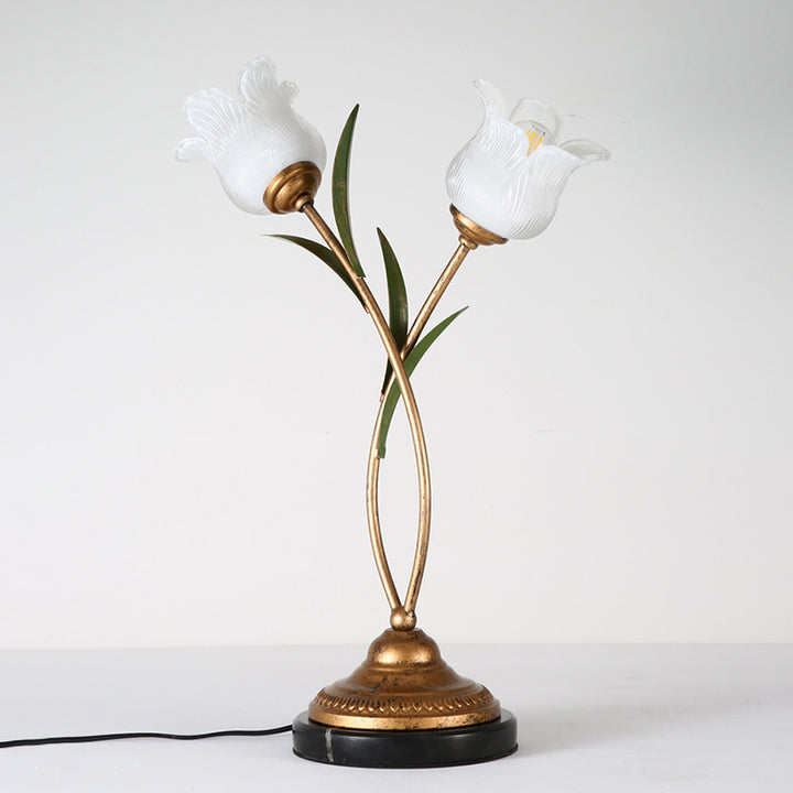 Lámpara de mesa contemporánea creativa de hierro con forma de flor de vidrio de 2 luces para dormitorio 
