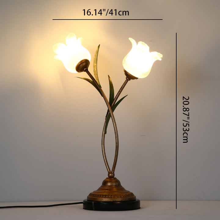 Lámpara de mesa contemporánea creativa de hierro con forma de flor de vidrio de 2 luces para dormitorio 