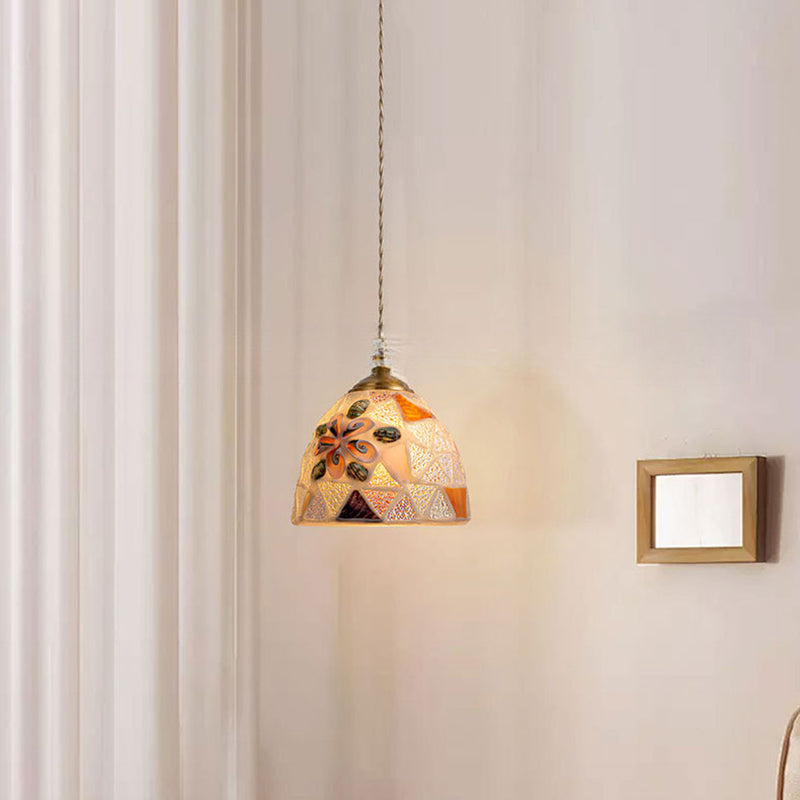 Lámpara colgante de 1 luz con pantalla de vidrio de cobre redonda de estilo Art Deco moderno para comedor 