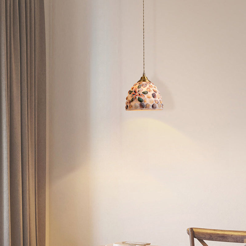 Modern Art Deco Round Copper Glass Shell 1-Light Pendant Light For Dining Room