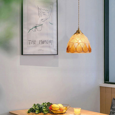 Modern Art Deco Round Copper Glass Shell 1-Light Pendant Light For Dining Room