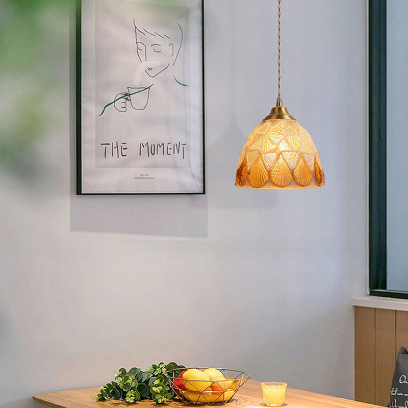 Modern Art Deco Round Copper Glass Shell 1-Light Pendant Light For Dining Room