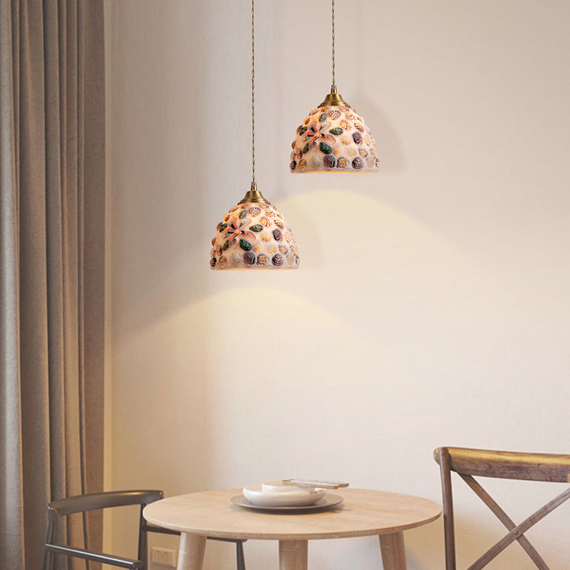 Modern Art Deco Round Copper Glass Shell 1-Light Pendant Light For Dining Room
