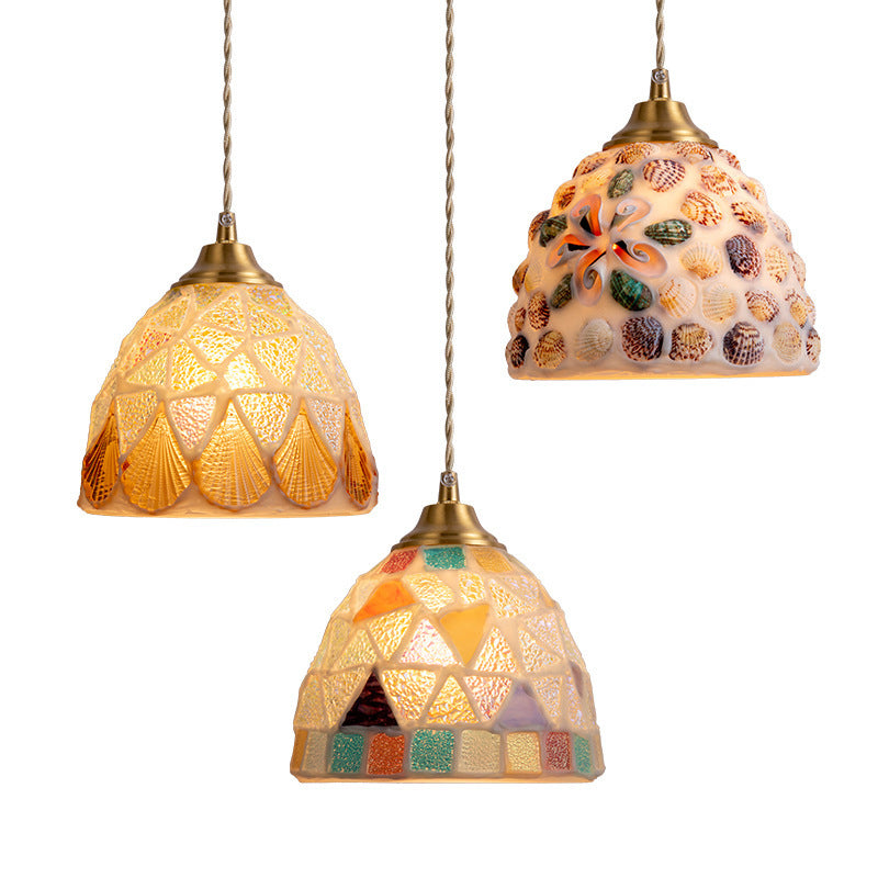 Modern Art Deco Round Copper Glass Shell 1-Light Pendant Light For Dining Room