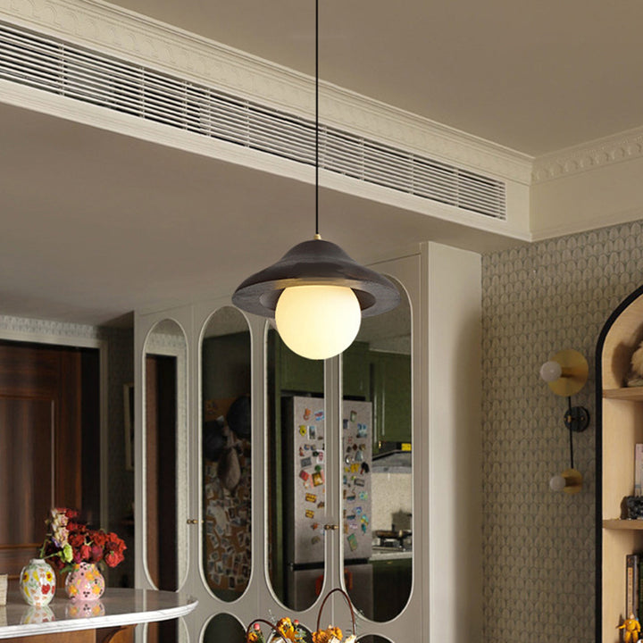 Suspension contemporaine en verre et bois de frêne en forme de bol nordique 1 lumière pour salle à manger 
