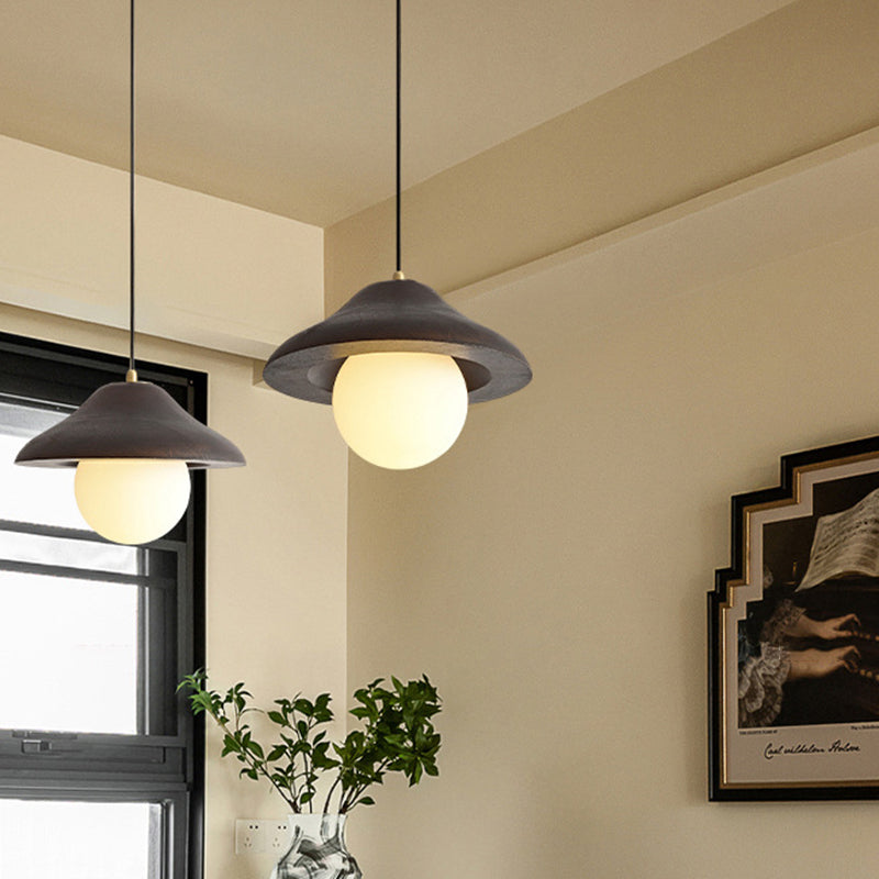 Suspension contemporaine en verre et bois de frêne en forme de bol nordique 1 lumière pour salle à manger 