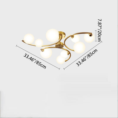 Traditional French Curved Iron Glass 4/6/9-Light Semi-Flush Mount Ceiling Light For Bedroom