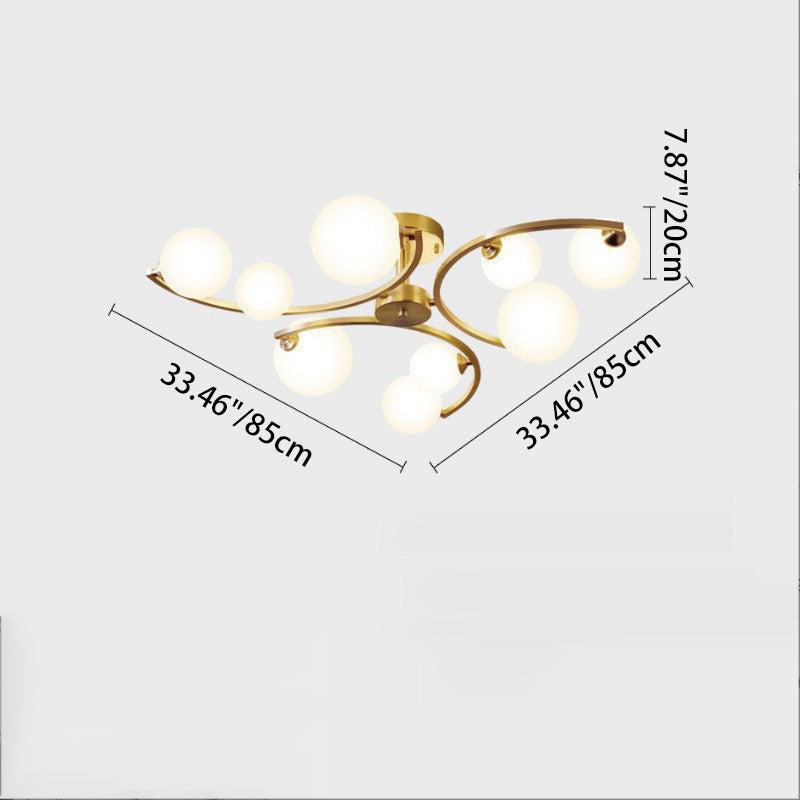 Traditional French Curved Iron Glass 4/6/9-Light Semi-Flush Mount Ceiling Light For Bedroom
