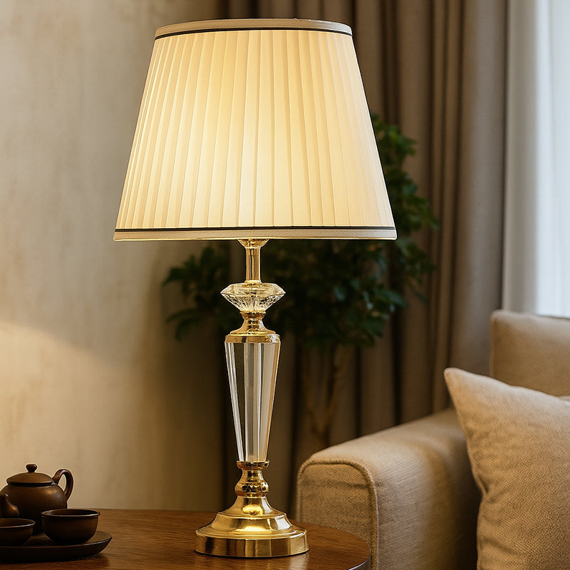 Lampe de table à 1 lumière avec tissu en cristal et matériel conique traditionnel français pour chambre 