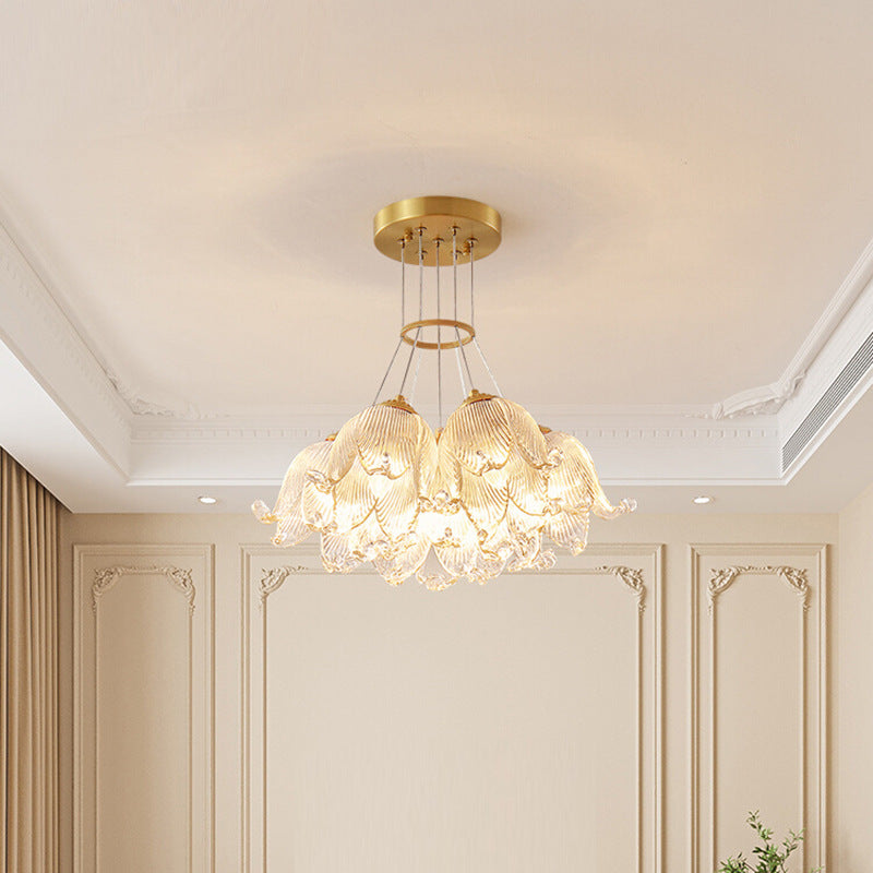 Traditional Luxury Multi-Flower Brass Glass 7-Light Chandelier For Bedroom