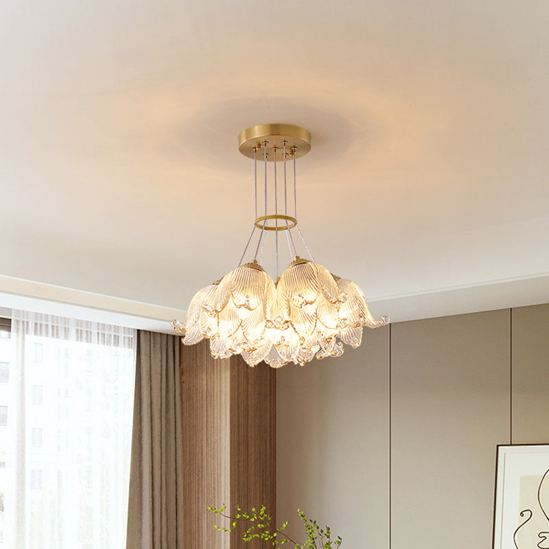 Traditional Luxury Multi-Flower Brass Glass 7-Light Chandelier For Bedroom