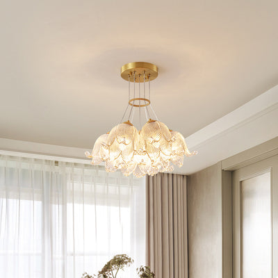 Traditional Luxury Multi-Flower Brass Glass 7-Light Chandelier For Bedroom