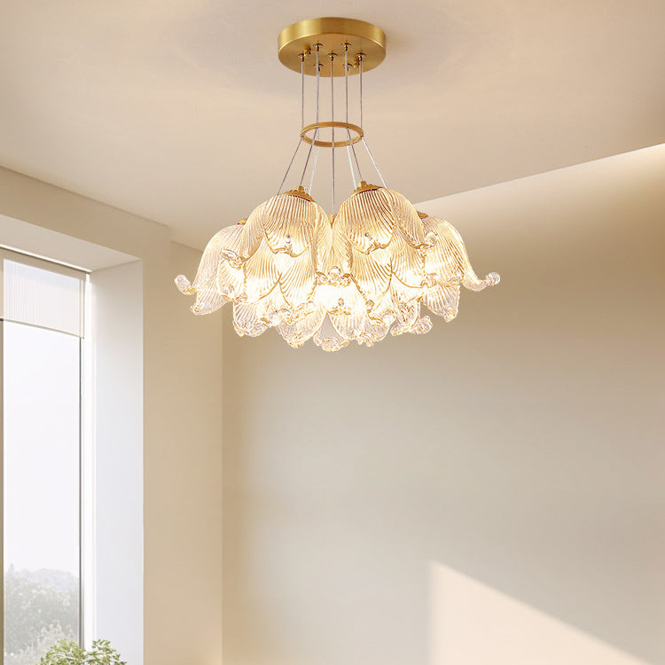 Traditional Luxury Multi-Flower Brass Glass 7-Light Chandelier For Bedroom