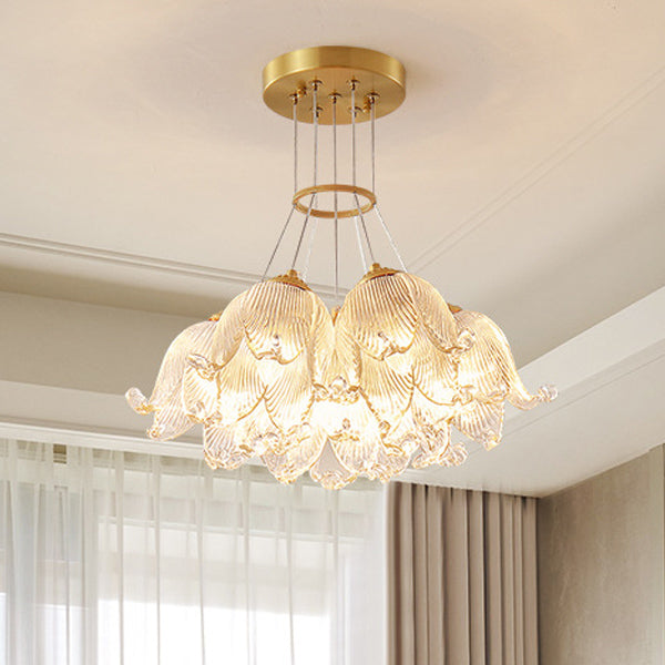 Traditional Luxury Multi-Flower Brass Glass 7-Light Chandelier For Bedroom
