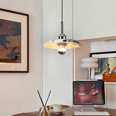 Contemporary Scandinavian Disc-Shaped Metal Marble 1-Light Pendant Light For Dining Room