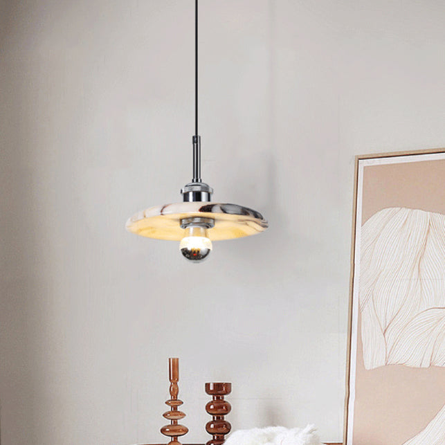 Contemporary Scandinavian Disc-Shaped Metal Marble 1-Light Pendant Light For Dining Room