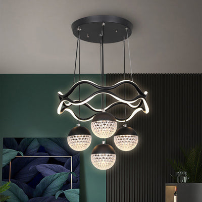 Traditional French Spherical Wavy Line Iron Silicone Aluminum Acrylic LED Chandeliers For Dining Room