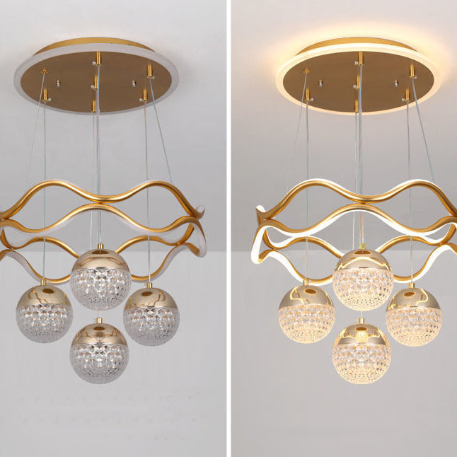 Traditional French Spherical Wavy Line Iron Silicone Aluminum Acrylic LED Chandeliers For Dining Room