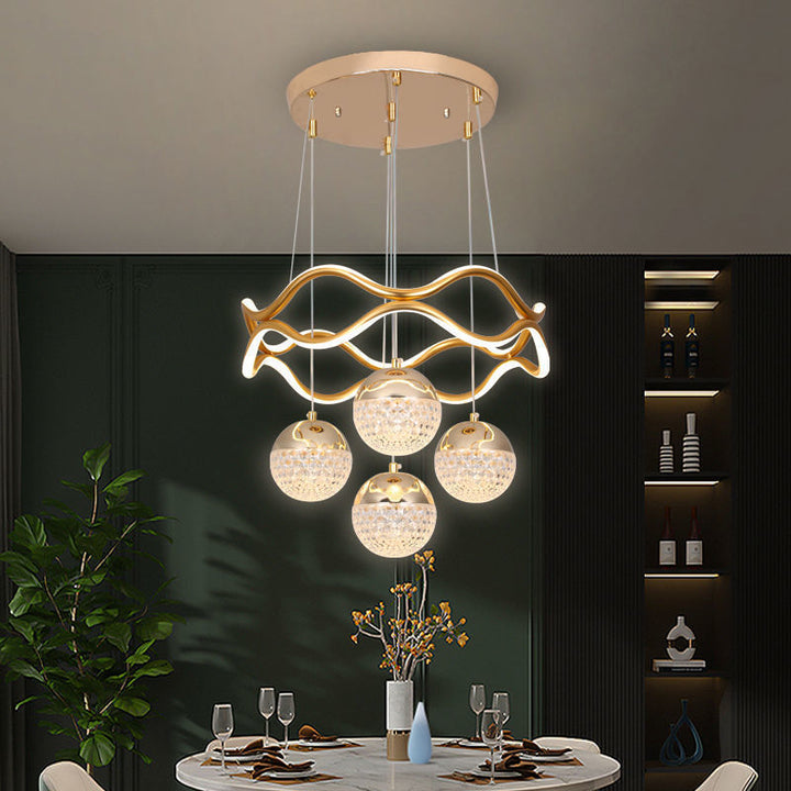 Traditional French Spherical Wavy Line Iron Silicone Aluminum Acrylic LED Chandeliers For Dining Room