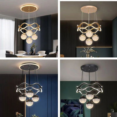 Traditional French Spherical Wavy Line Iron Silicone Aluminum Acrylic LED Chandeliers For Dining Room