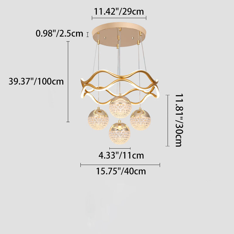 Traditional French Spherical Wavy Line Iron Silicone Aluminum Acrylic LED Chandeliers For Dining Room