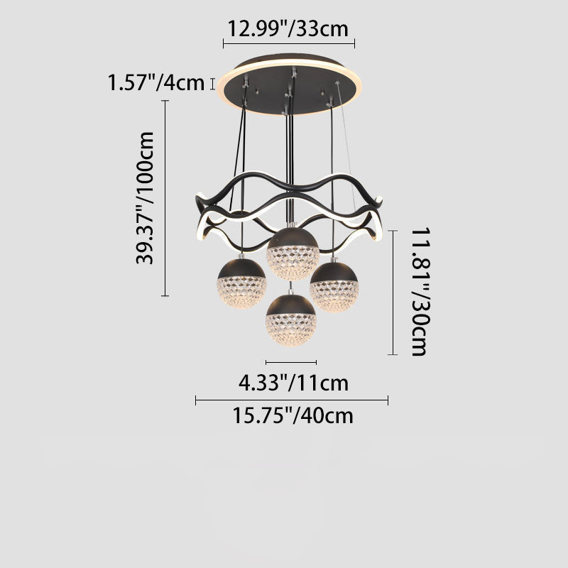 Traditional French Spherical Wavy Line Iron Silicone Aluminum Acrylic LED Chandeliers For Dining Room