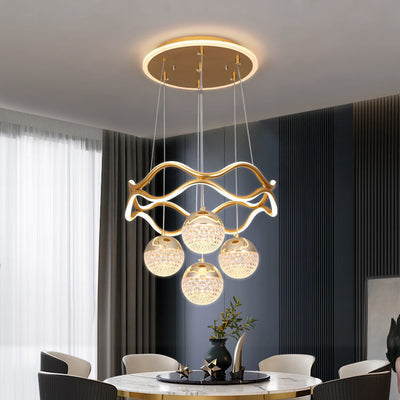 Traditional French Spherical Wavy Line Iron Silicone Aluminum Acrylic LED Chandeliers For Dining Room