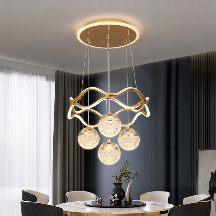 Traditional French Spherical Wavy Line Iron Silicone Aluminum Acrylic LED Chandeliers For Dining Room