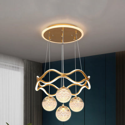 Traditional French Spherical Wavy Line Iron Silicone Aluminum Acrylic LED Chandeliers For Dining Room