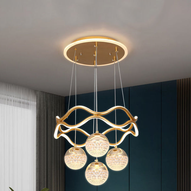 Traditional French Spherical Wavy Line Iron Silicone Aluminum Acrylic LED Chandeliers For Dining Room