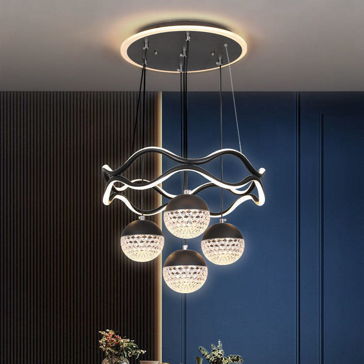 Traditional French Spherical Wavy Line Iron Silicone Aluminum Acrylic LED Chandeliers For Dining Room