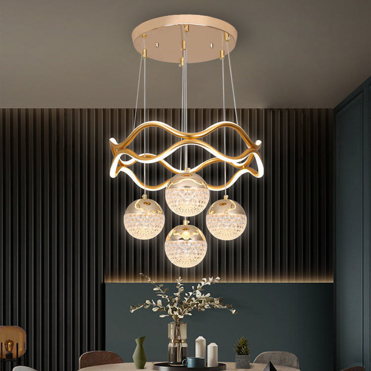 Traditional French Spherical Wavy Line Iron Silicone Aluminum Acrylic LED Chandeliers For Dining Room