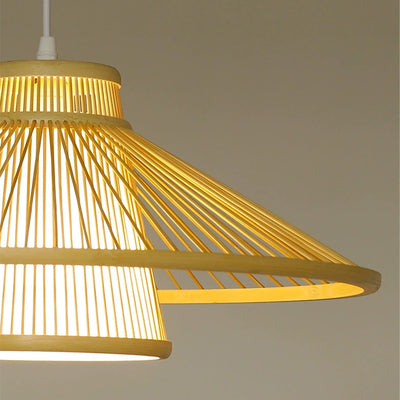 Traditional Japanese Conical Cylindrical Iron Bamboo Weaving 1-Light Pendant Light For Dining Room