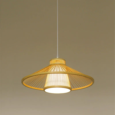 Traditional Japanese Conical Cylindrical Iron Bamboo Weaving 1-Light Pendant Light For Dining Room