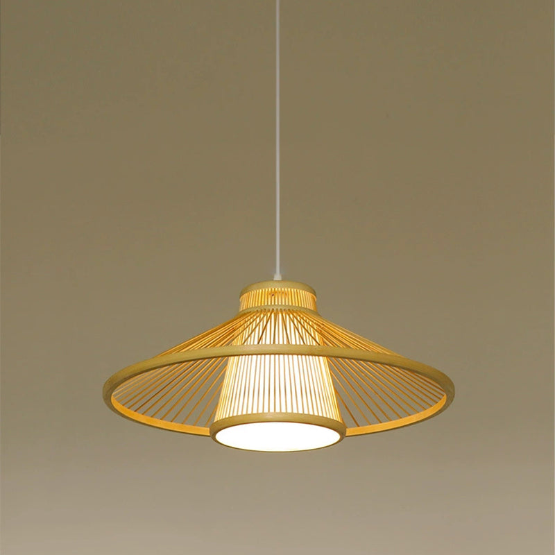 Traditional Japanese Conical Cylindrical Iron Bamboo Weaving 1-Light Pendant Light For Dining Room