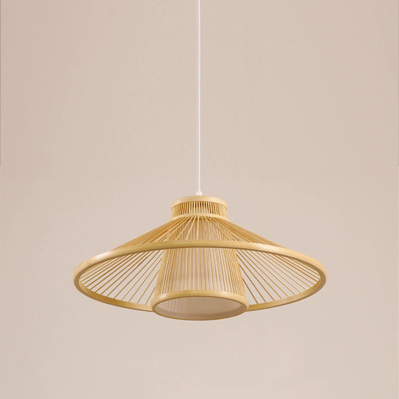 Traditional Japanese Conical Cylindrical Iron Bamboo Weaving 1-Light Pendant Light For Dining Room