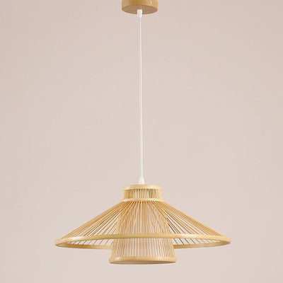 Traditional Japanese Conical Cylindrical Iron Bamboo Weaving 1-Light Pendant Light For Dining Room