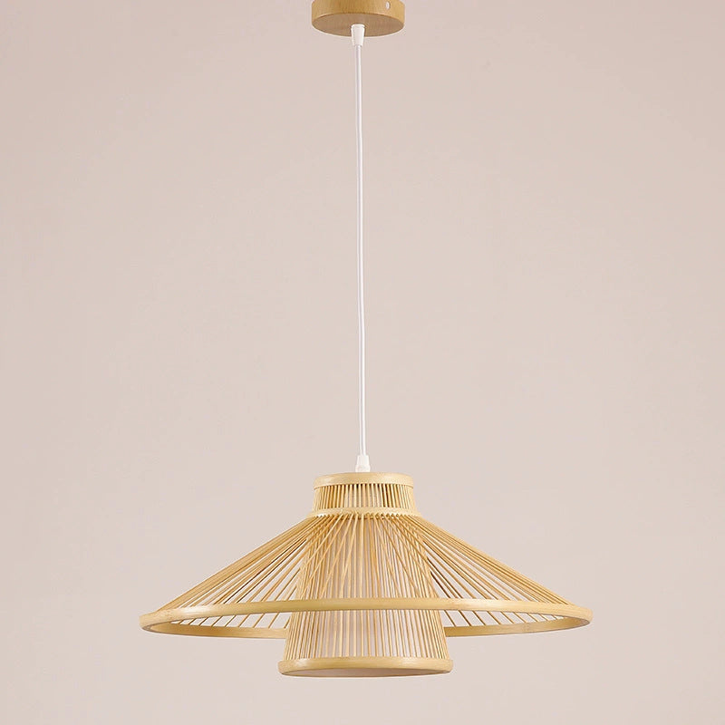 Traditional Japanese Conical Cylindrical Iron Bamboo Weaving 1-Light Pendant Light For Dining Room