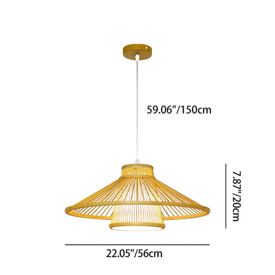 Traditional Japanese Conical Cylindrical Iron Bamboo Weaving 1-Light Pendant Light For Dining Room