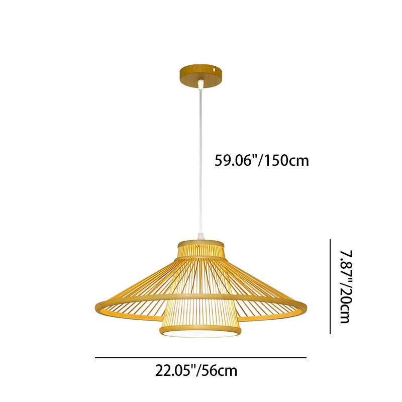 Traditional Japanese Conical Cylindrical Iron Bamboo Weaving 1-Light Pendant Light For Dining Room