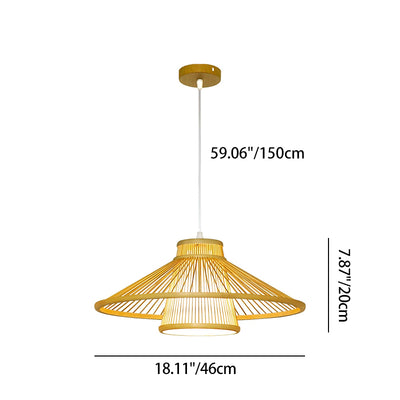 Traditional Japanese Conical Cylindrical Iron Bamboo Weaving 1-Light Pendant Light For Dining Room