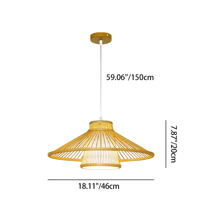 Traditional Japanese Conical Cylindrical Iron Bamboo Weaving 1-Light Pendant Light For Dining Room