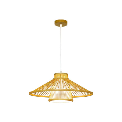 Traditional Japanese Conical Cylindrical Iron Bamboo Weaving 1-Light Pendant Light For Dining Room