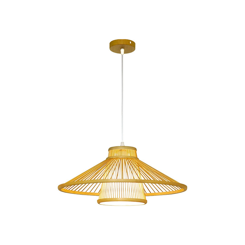 Traditional Japanese Conical Cylindrical Iron Bamboo Weaving 1-Light Pendant Light For Dining Room