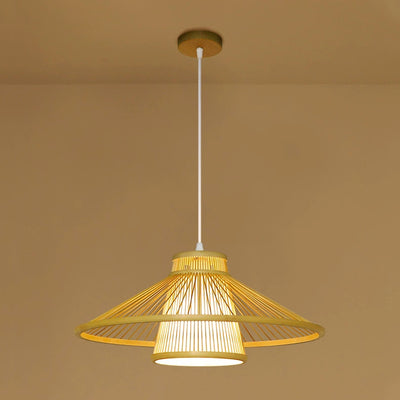 Traditional Japanese Conical Cylindrical Iron Bamboo Weaving 1-Light Pendant Light For Dining Room