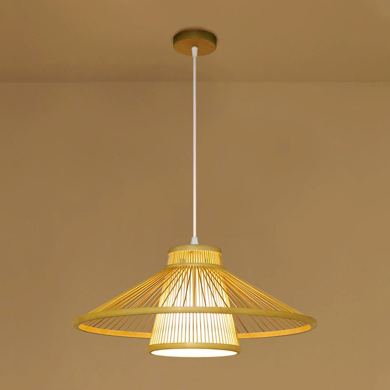 Traditional Japanese Conical Cylindrical Iron Bamboo Weaving 1-Light Pendant Light For Dining Room