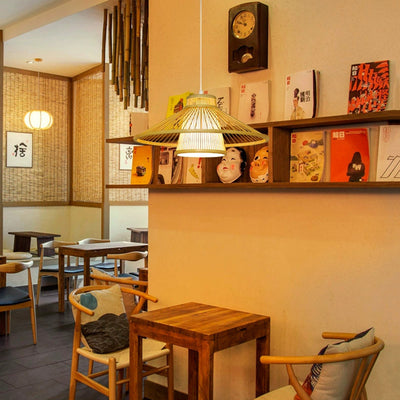 Traditional Japanese Conical Cylindrical Iron Bamboo Weaving 1-Light Pendant Light For Dining Room