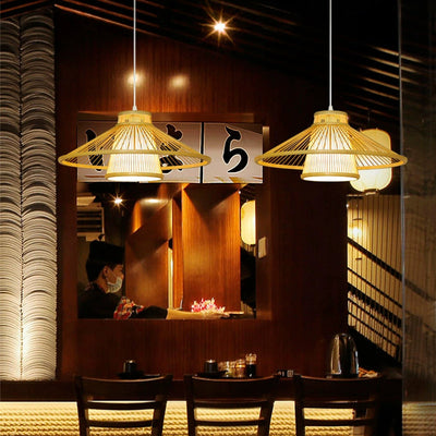 Traditional Japanese Conical Cylindrical Iron Bamboo Weaving 1-Light Pendant Light For Dining Room