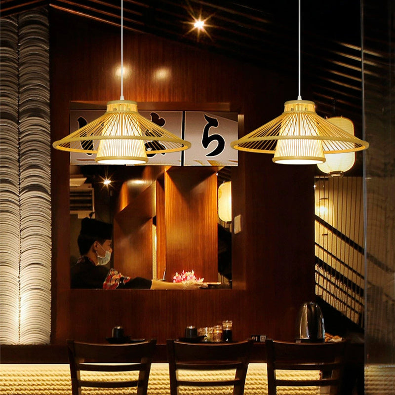 Traditional Japanese Conical Cylindrical Iron Bamboo Weaving 1-Light Pendant Light For Dining Room